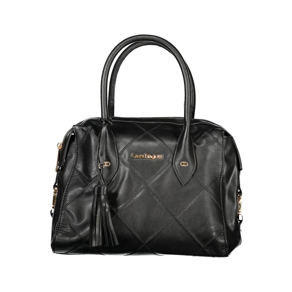 Laura Biagiotti black PVC women's handbag with sleek design and silver hardware, featuring top handles and a spacious interior.