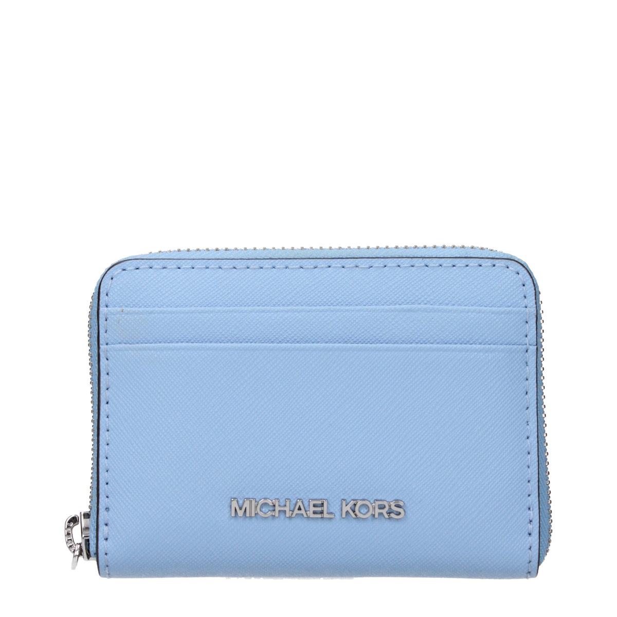 Michael Kors light blue leather cardholder with multiple card slots and sleek design.