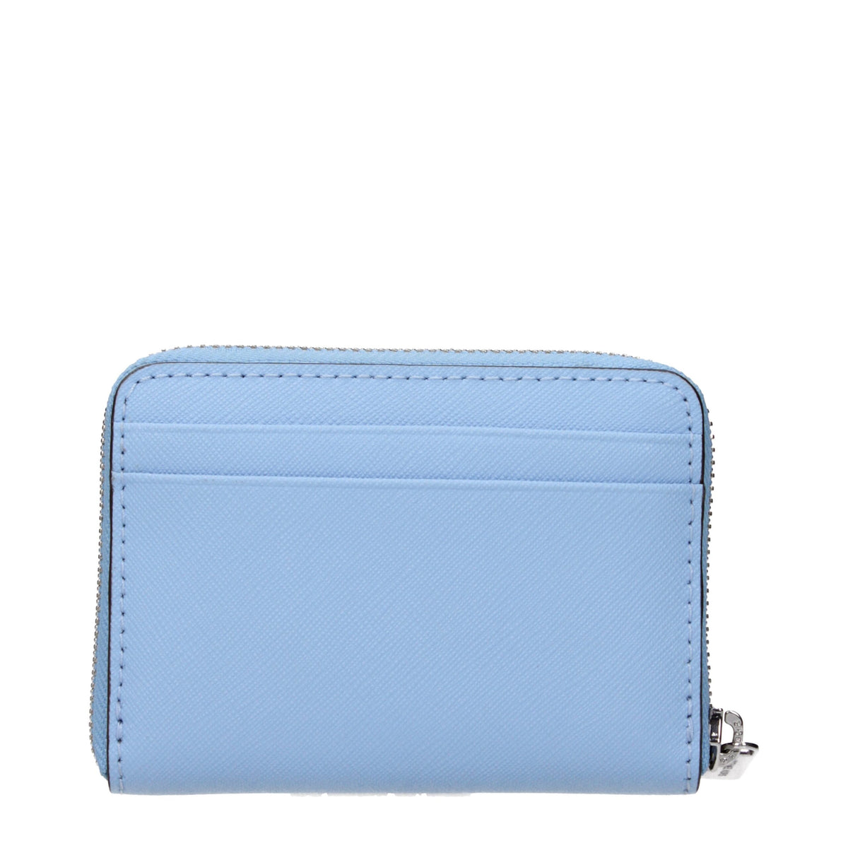 Michael Kors light blue leather cardholder with multiple card slots and sleek design.