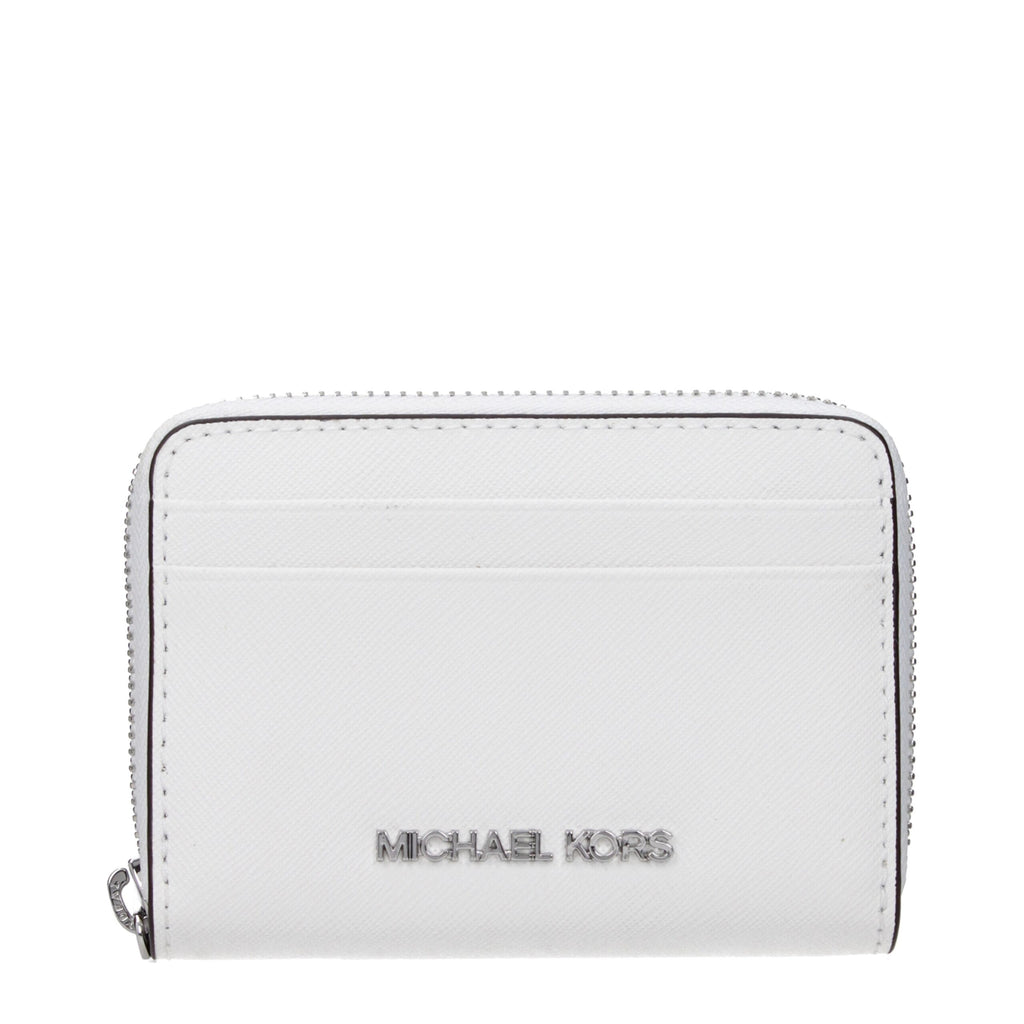Michael Kors white leather cardholder with multiple card slots and sleek design, perfect for organizing credit cards.