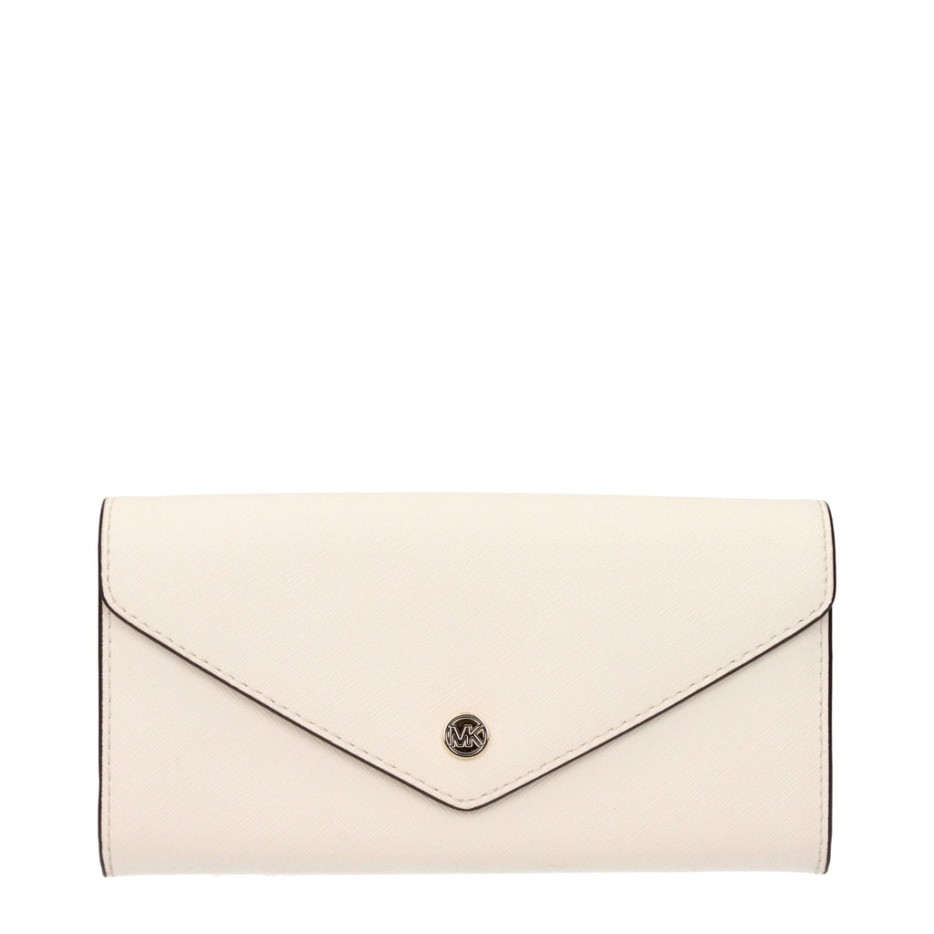 Michael Kors beige leather wallet with multiple card slots and a sleek design, shown on a plain background.