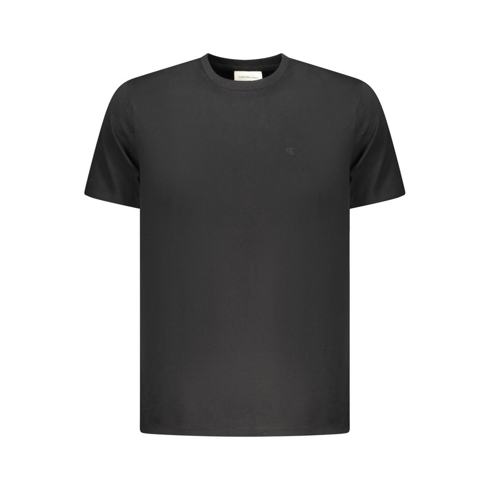 Calvin Klein black cotton men's T-shirt displayed flat with round neckline and short sleeves.