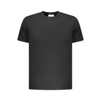 Calvin Klein black cotton men's T-shirt displayed flat with round neckline and short sleeves.