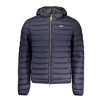 Armata Di Mare blue poliammide men's jacket hanging on a hanger, showcasing its lightweight and weather-resistant design.