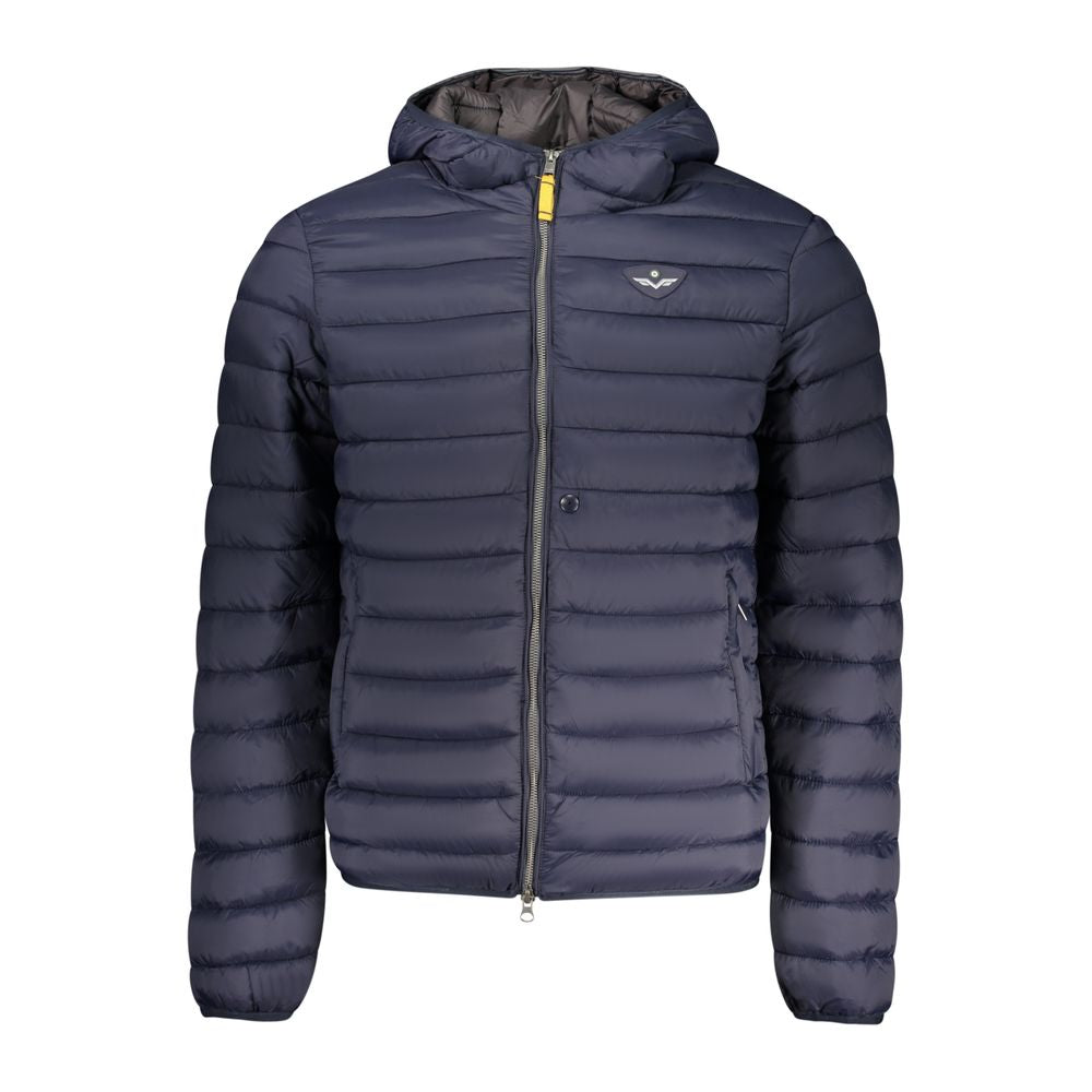 Armata Di Mare blue poliammide men's jacket hanging on a hanger, showcasing its lightweight and weather-resistant design.