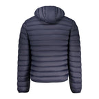 Armata Di Mare Blu Poliammide men's jacket hanging on a wooden hanger, showcasing its lightweight design and blue color.