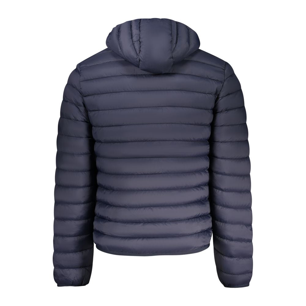 Armata Di Mare Blu Poliammide men's jacket hanging on a wooden hanger, showcasing its lightweight design and blue color.