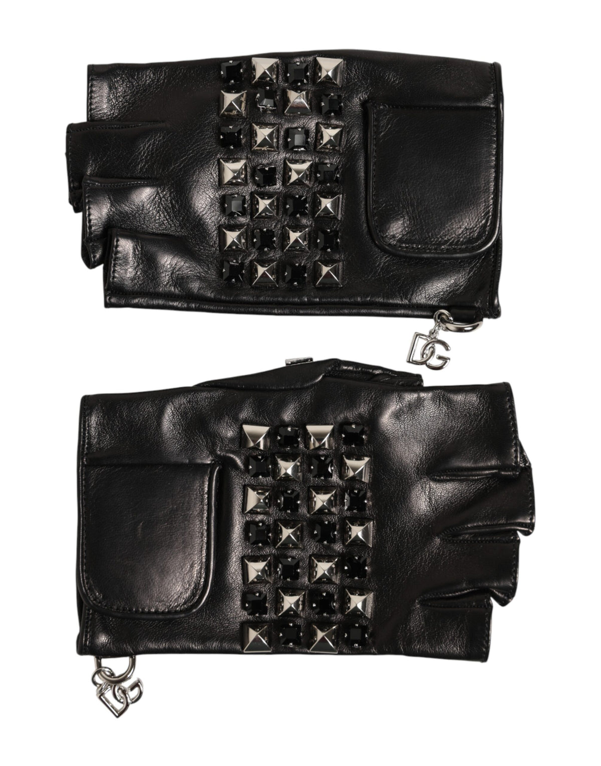 Dolce & Gabbana Black Leather Studded Fingerless Hand Mitten Men Gloves - Eljoys Fashion 