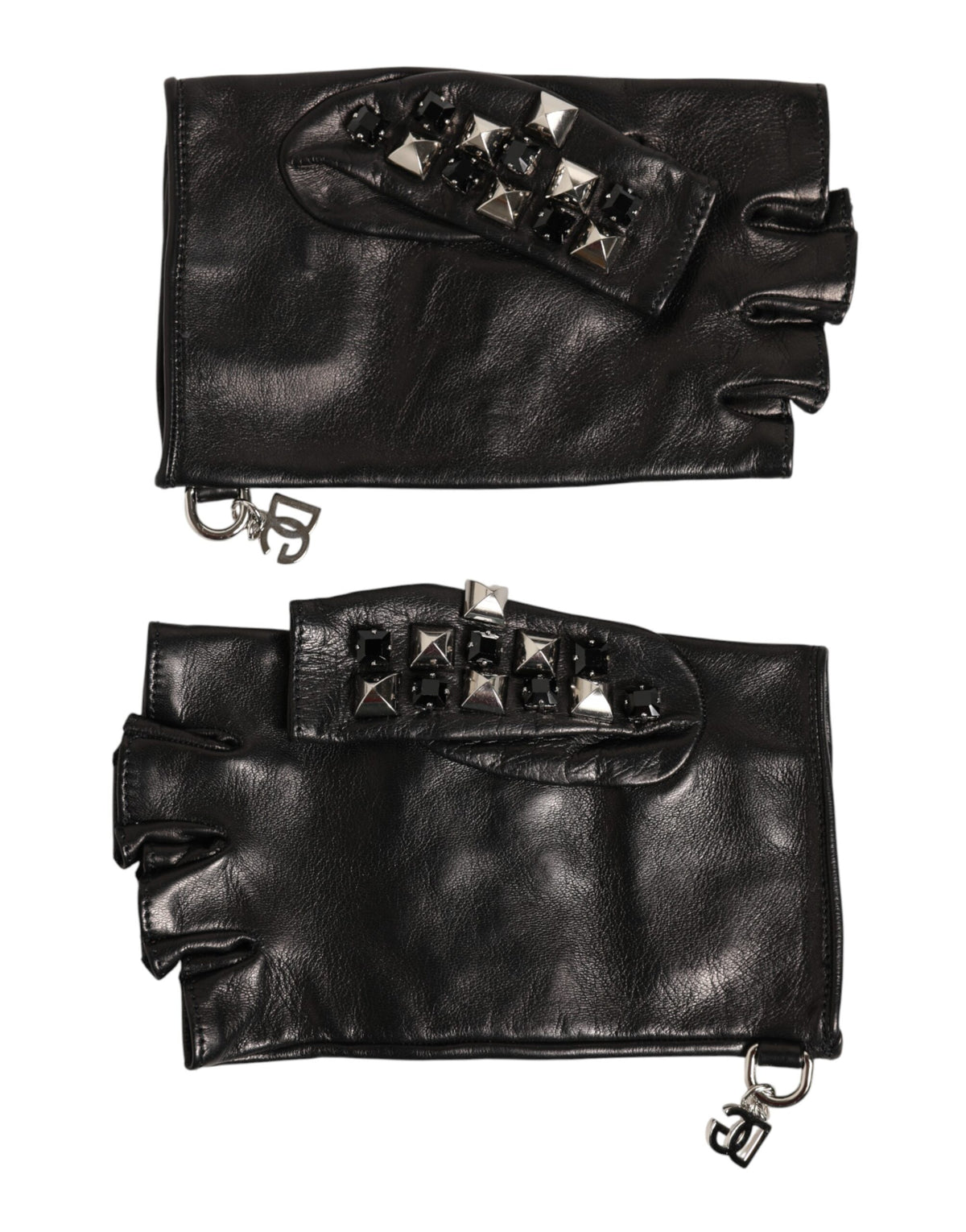 Dolce & Gabbana Black Leather Studded Fingerless Hand Mitten Men Gloves - Eljoys Fashion 