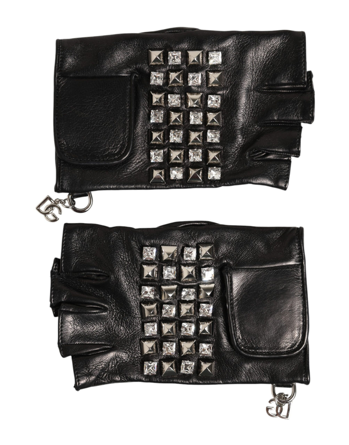 Dolce & Gabbana Black Leather Studded Fingerless Hand Mitten Men Gloves - Eljoys Fashion 