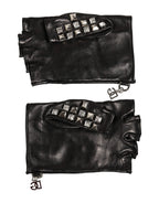Dolce & Gabbana Black Leather Studded Fingerless Hand Mitten Men Gloves - Eljoys Fashion 