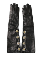 Dolce & Gabbana Black Leather Embellished Long Mitten Gloves - Eljoys Fashion 