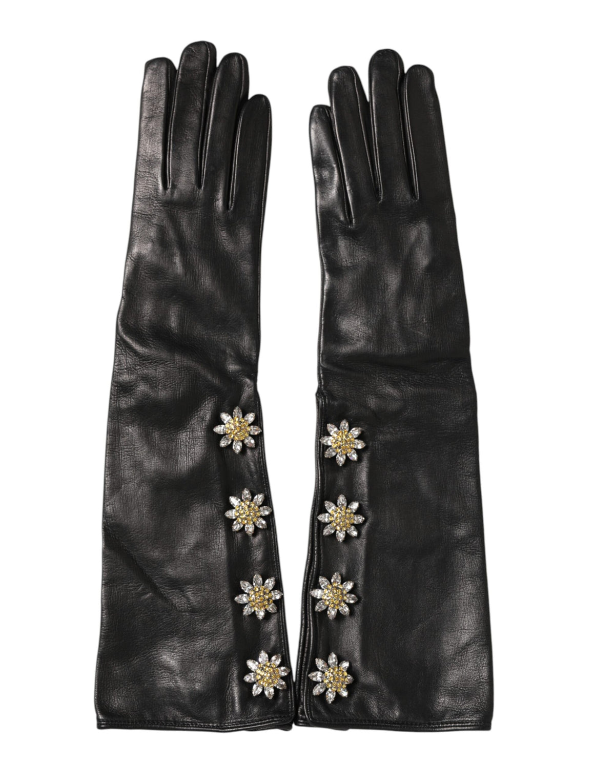 Dolce & Gabbana Black Leather Embellished Long Mitten Gloves - Eljoys Fashion 