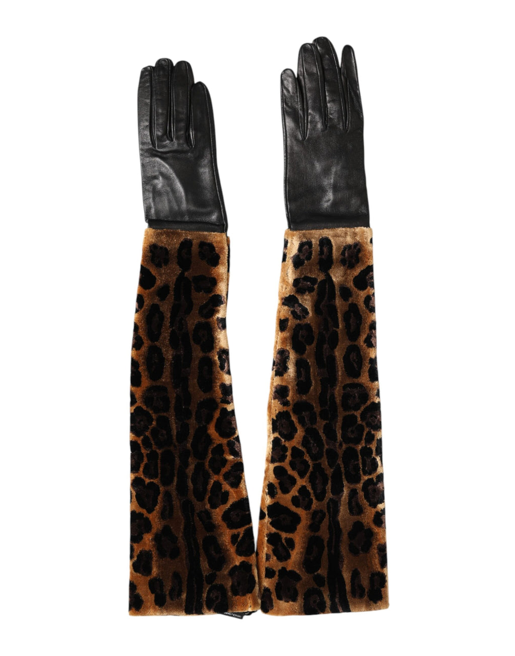 Dolce & Gabbana Brown Black Leopard Leather Elbow Length Mitten Gloves - Eljoys Fashion 