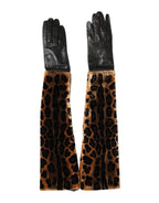Dolce & Gabbana Brown Black Leopard Leather Elbow Length Mitten Gloves - Eljoys Fashion 
