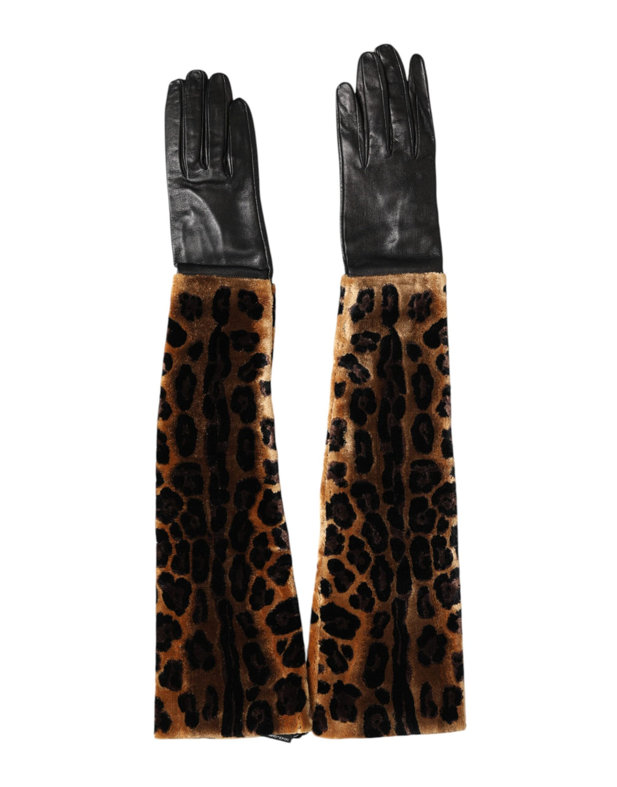 Dolce & Gabbana Brown Black Leopard Leather Elbow Length Mitten Gloves - Eljoys Fashion 