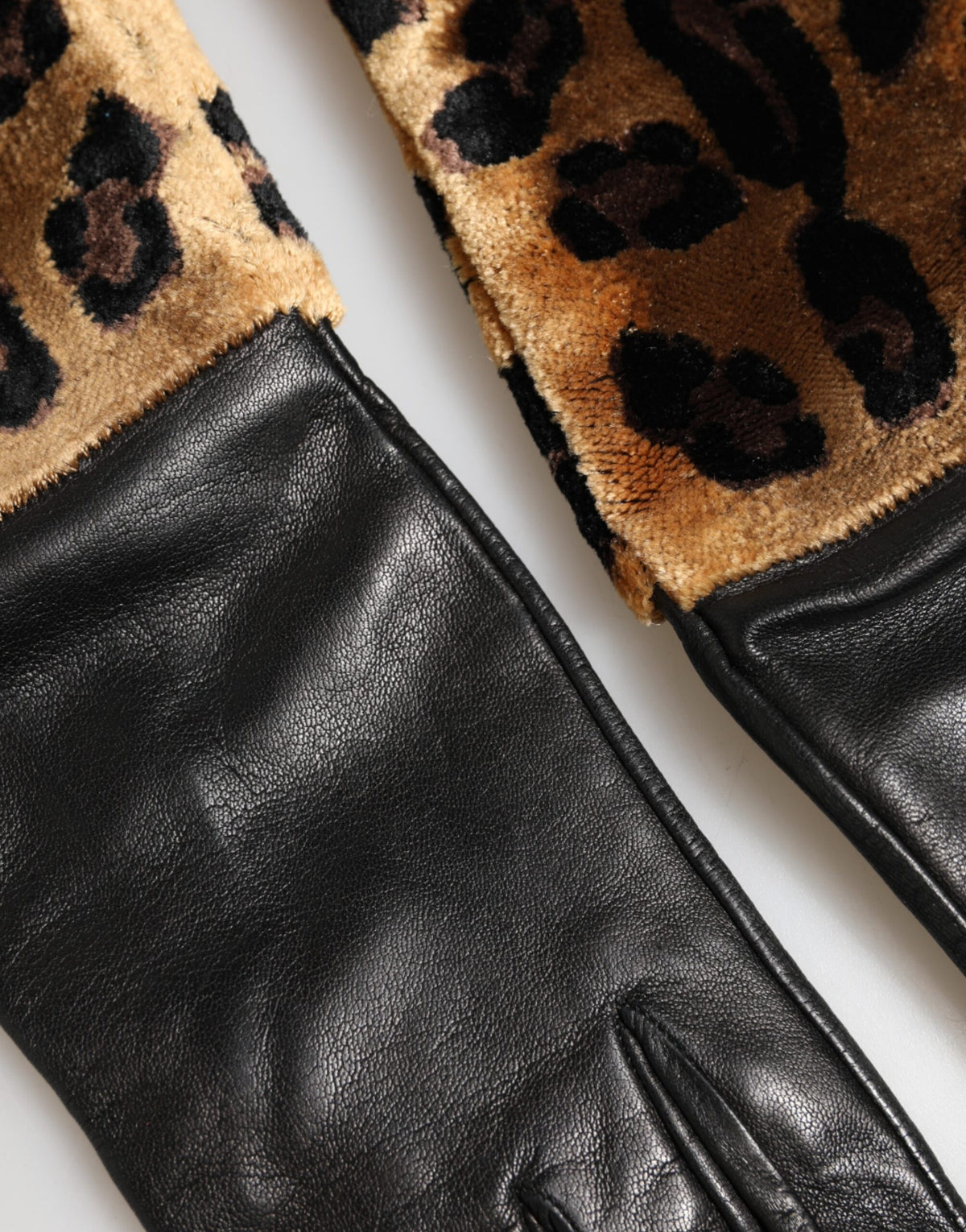 Dolce & Gabbana Brown Black Leopard Leather Elbow Length Mitten Gloves - Eljoys Fashion 