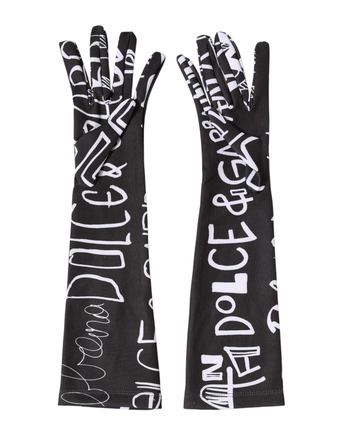 Dolce & Gabbana Black White DG Logo Elbow Length Mitten Gloves