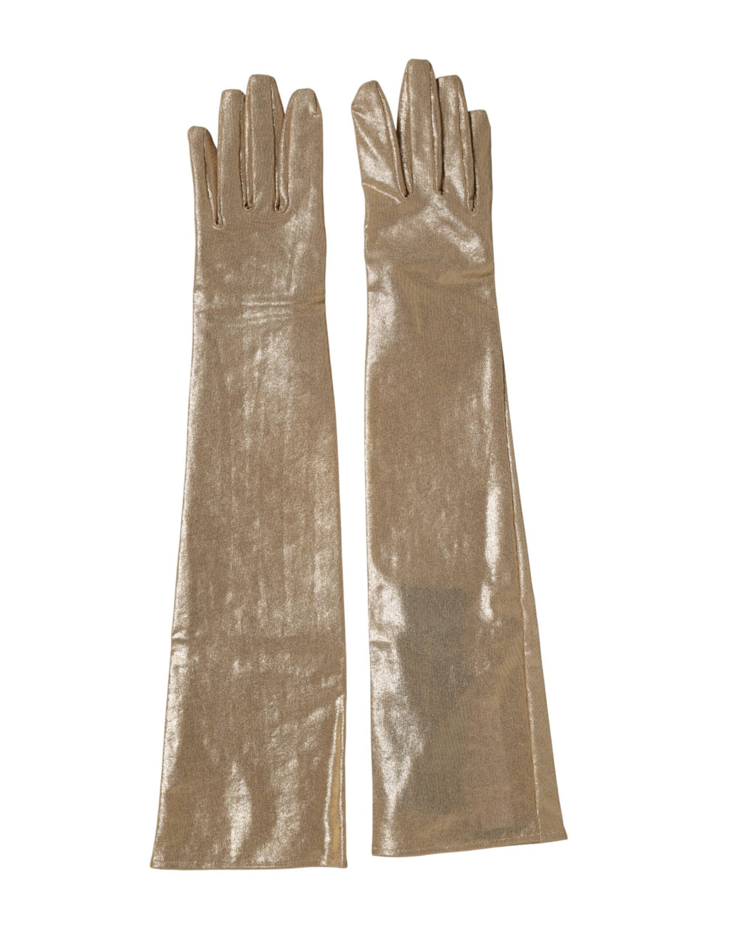 Beige nylon long elbow-length mitten gloves by Dolce & Gabbana, featuring a smooth texture and elegant design.