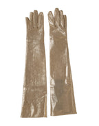 Beige nylon long elbow-length mitten gloves by Dolce & Gabbana, featuring a smooth texture and elegant design.