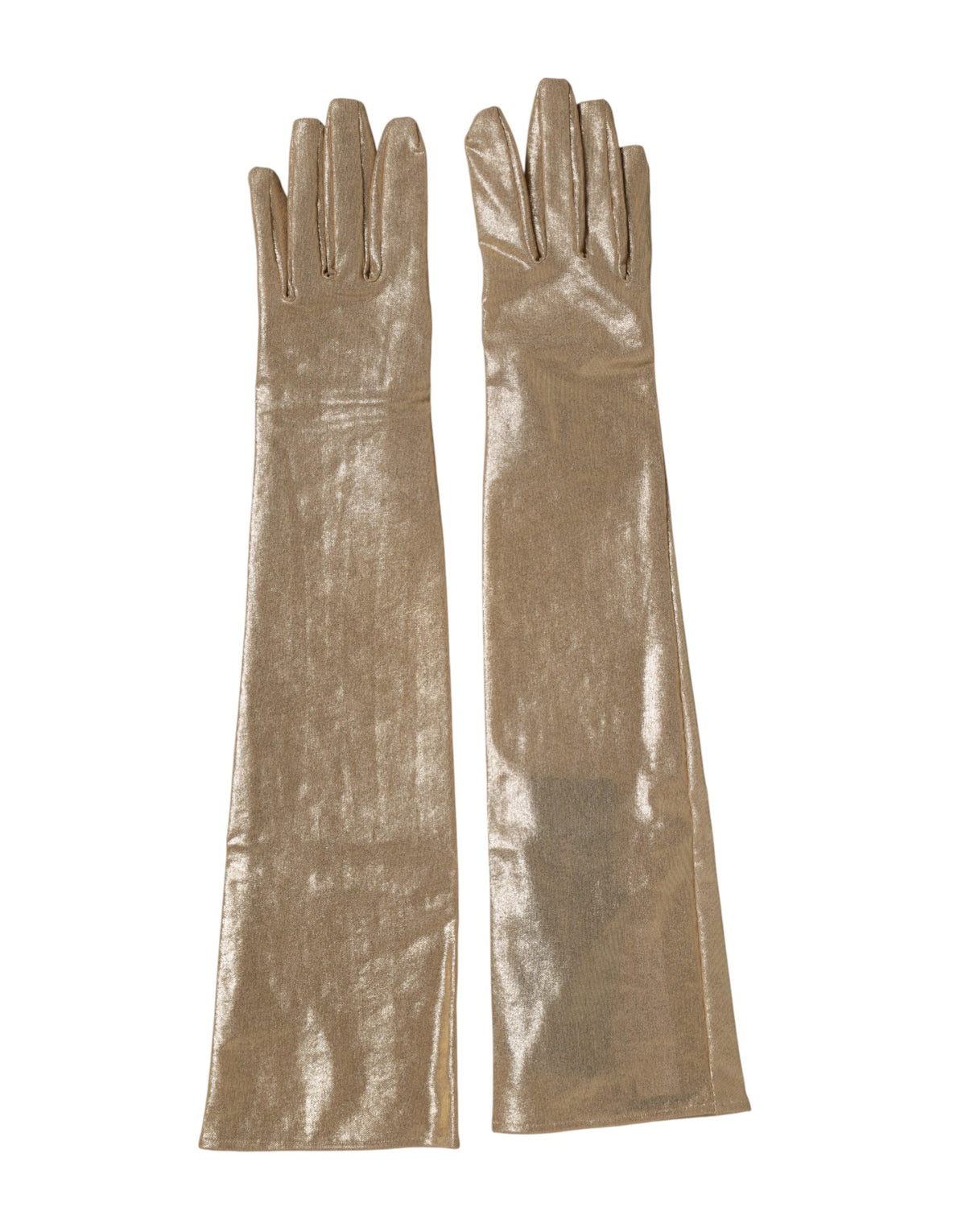 Beige nylon long elbow-length mitten gloves by Dolce & Gabbana, featuring a smooth texture and elegant design.