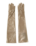 Beige nylon long mitten gloves with elbow length from Dolce & Gabbana, stylish and warm for winter wear.