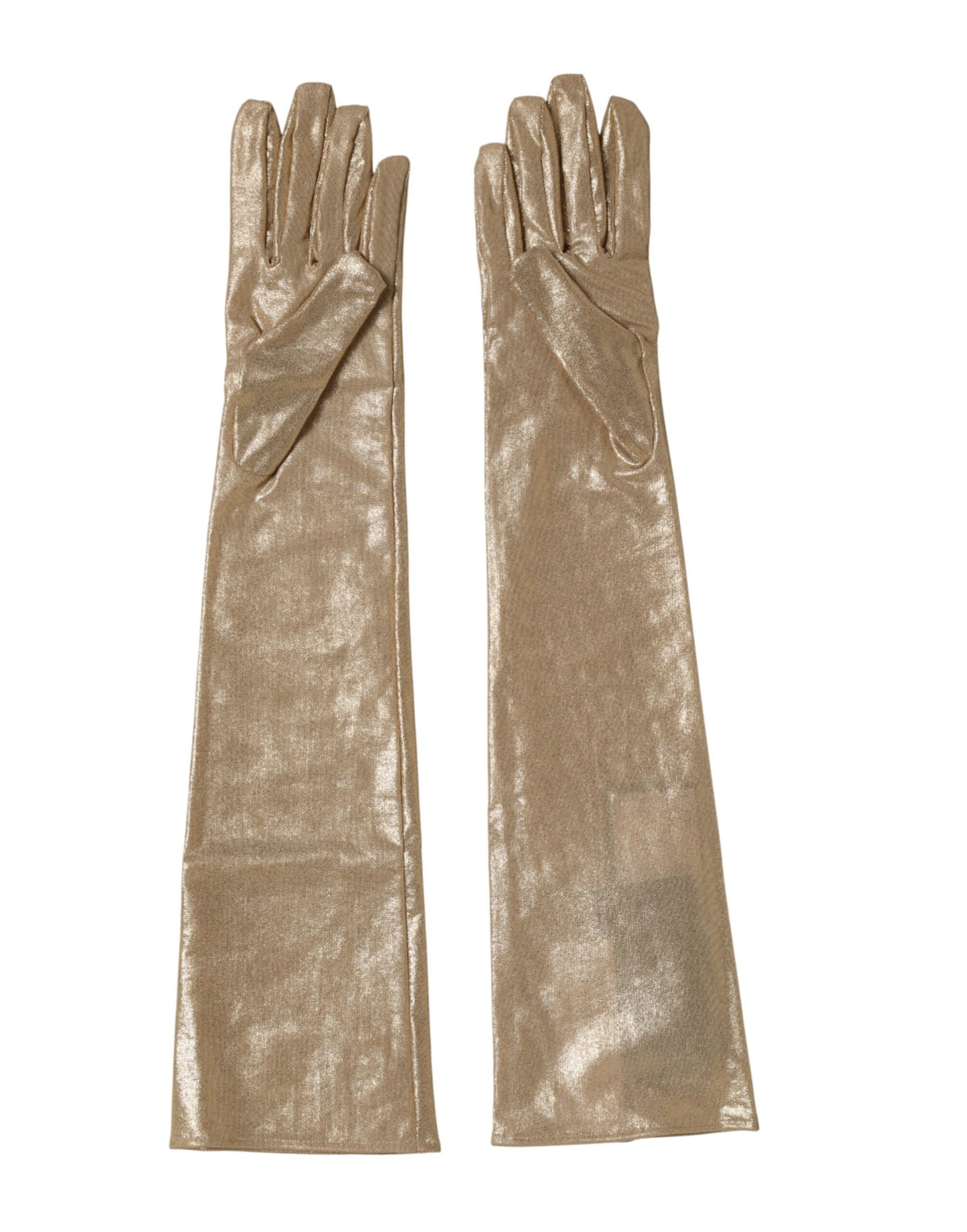 Beige nylon long mitten gloves with elbow length from Dolce & Gabbana, stylish and warm for winter wear.