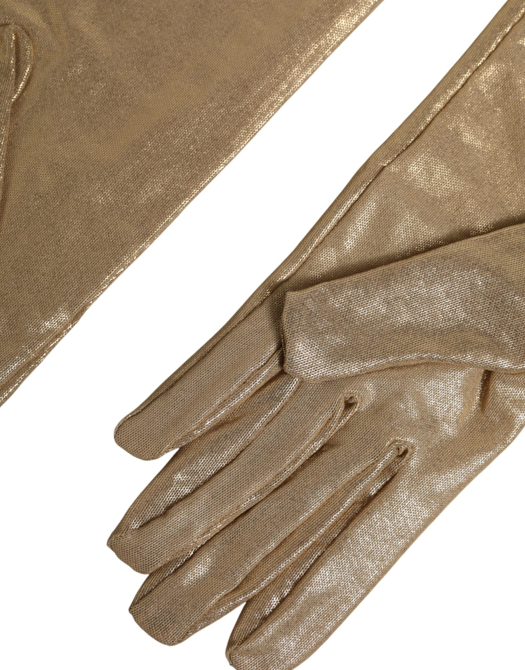 Beige nylon Dolce & Gabbana long elbow-length mitten gloves with a sleek, stylish design.