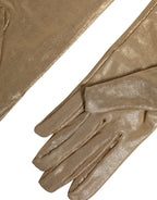 Beige nylon Dolce & Gabbana long elbow-length mitten gloves with a sleek, stylish design.