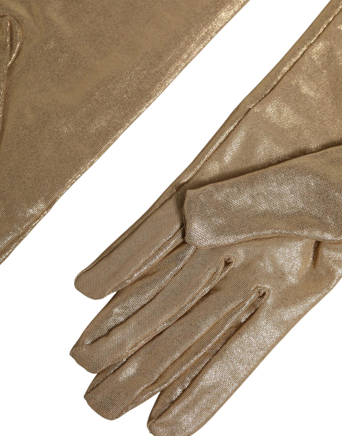 Beige nylon Dolce & Gabbana long elbow-length mitten gloves with a sleek, stylish design.