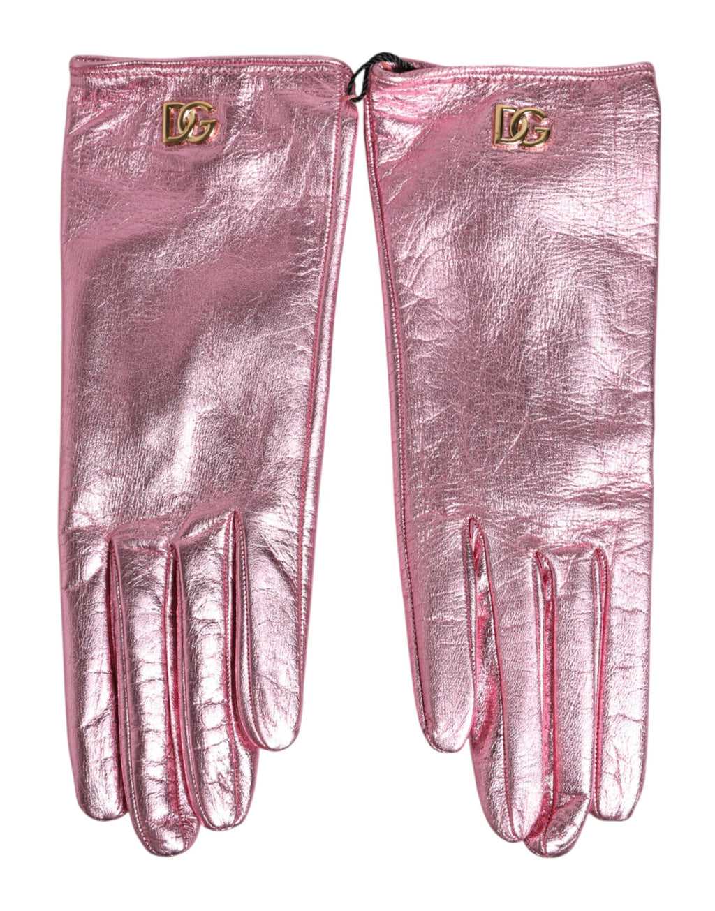 Pink leather Dolce & Gabbana DG logo wrist-length mitten gloves with a stylish, luxury design.