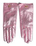 Pink leather Dolce & Gabbana DG logo wrist-length mitten gloves with a stylish, luxury design.