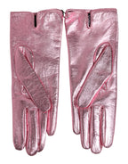 Pink leather Dolce & Gabbana DG logo wrist-length mitten gloves with a stylish and cozy design.