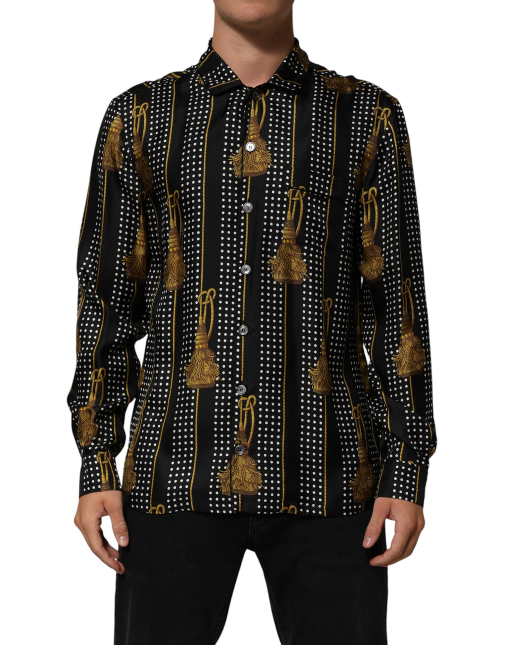 Dolce & Gabbana Black Dotted Tassel Silk Button Down Shirt - Eljoys Fashion 