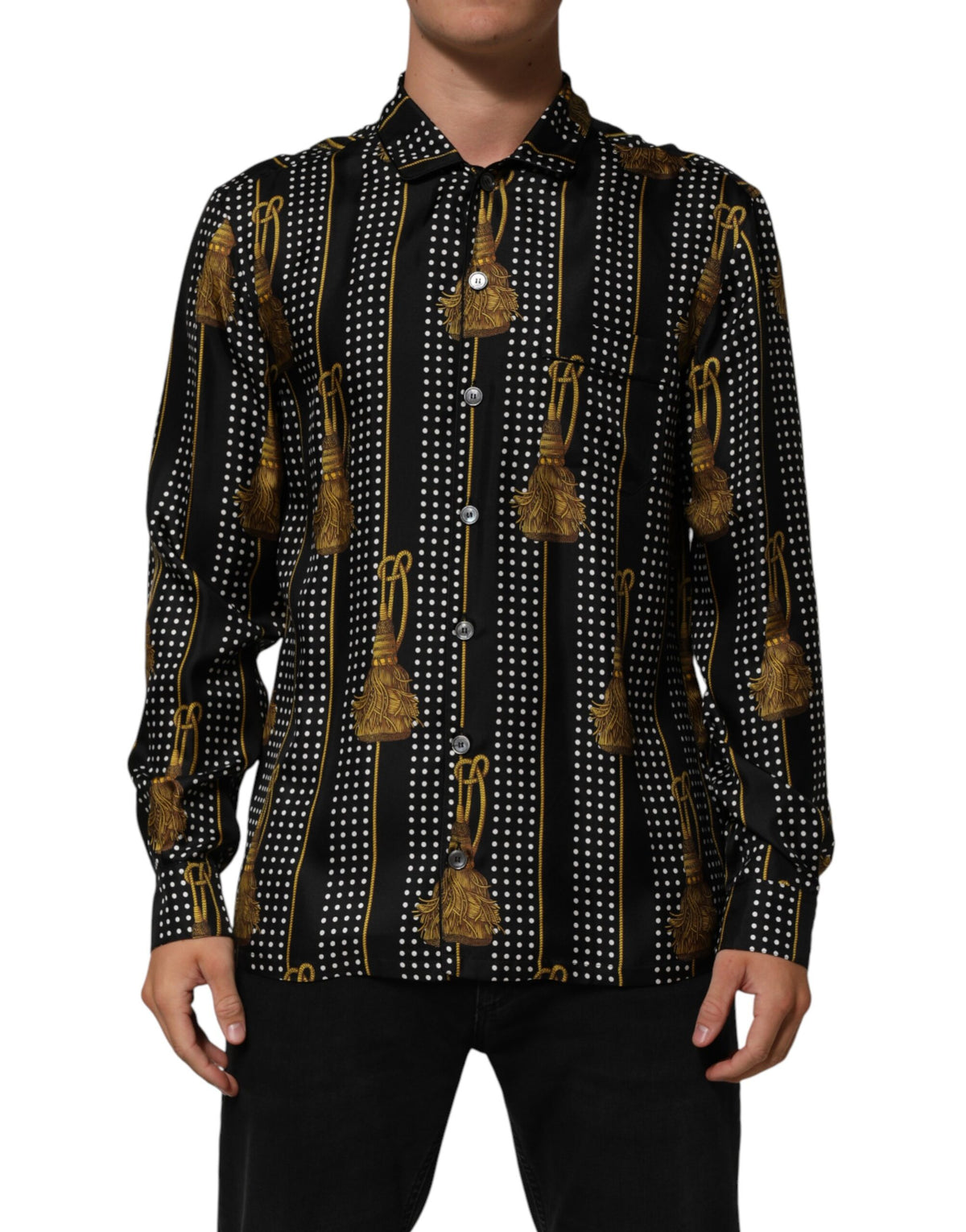 Dolce & Gabbana Black Dotted Tassel Silk Button Down Shirt - Eljoys Fashion 
