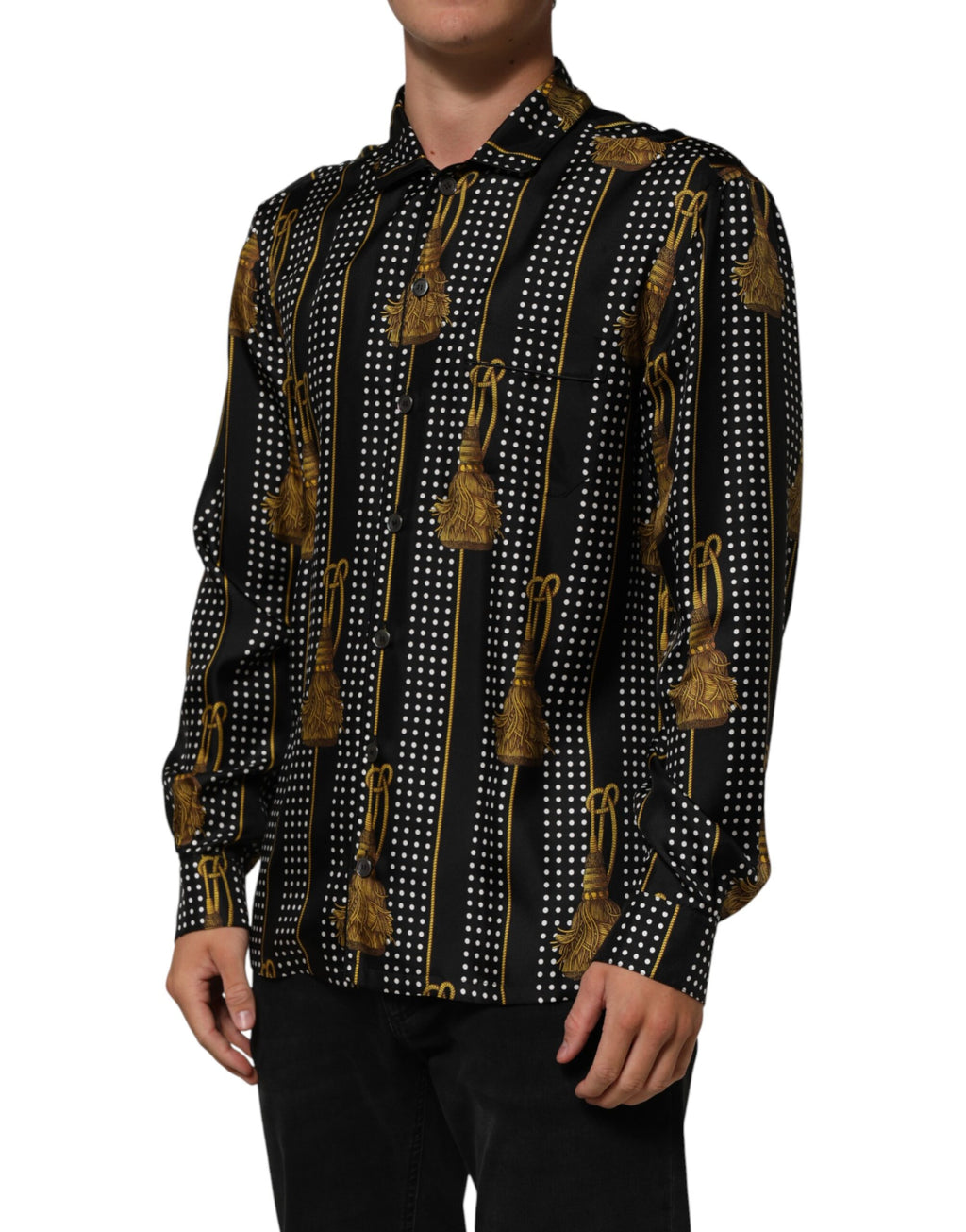 Dolce & Gabbana Black Dotted Tassel Silk Button Down Shirt - Eljoys Fashion 