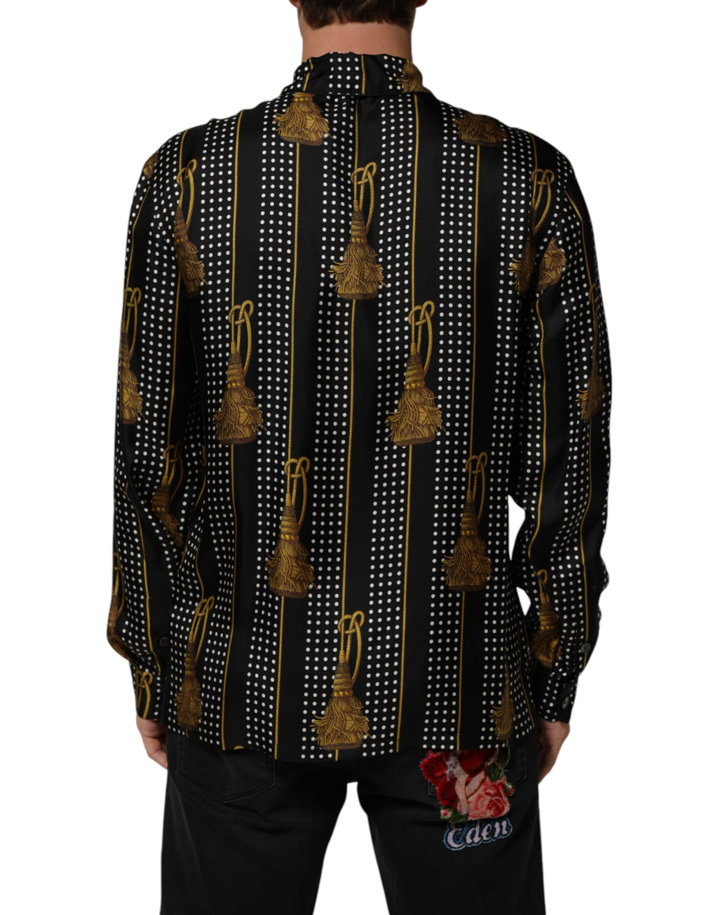 Dolce & Gabbana Black Dotted Tassel Silk Button Down Shirt - Eljoys Fashion 