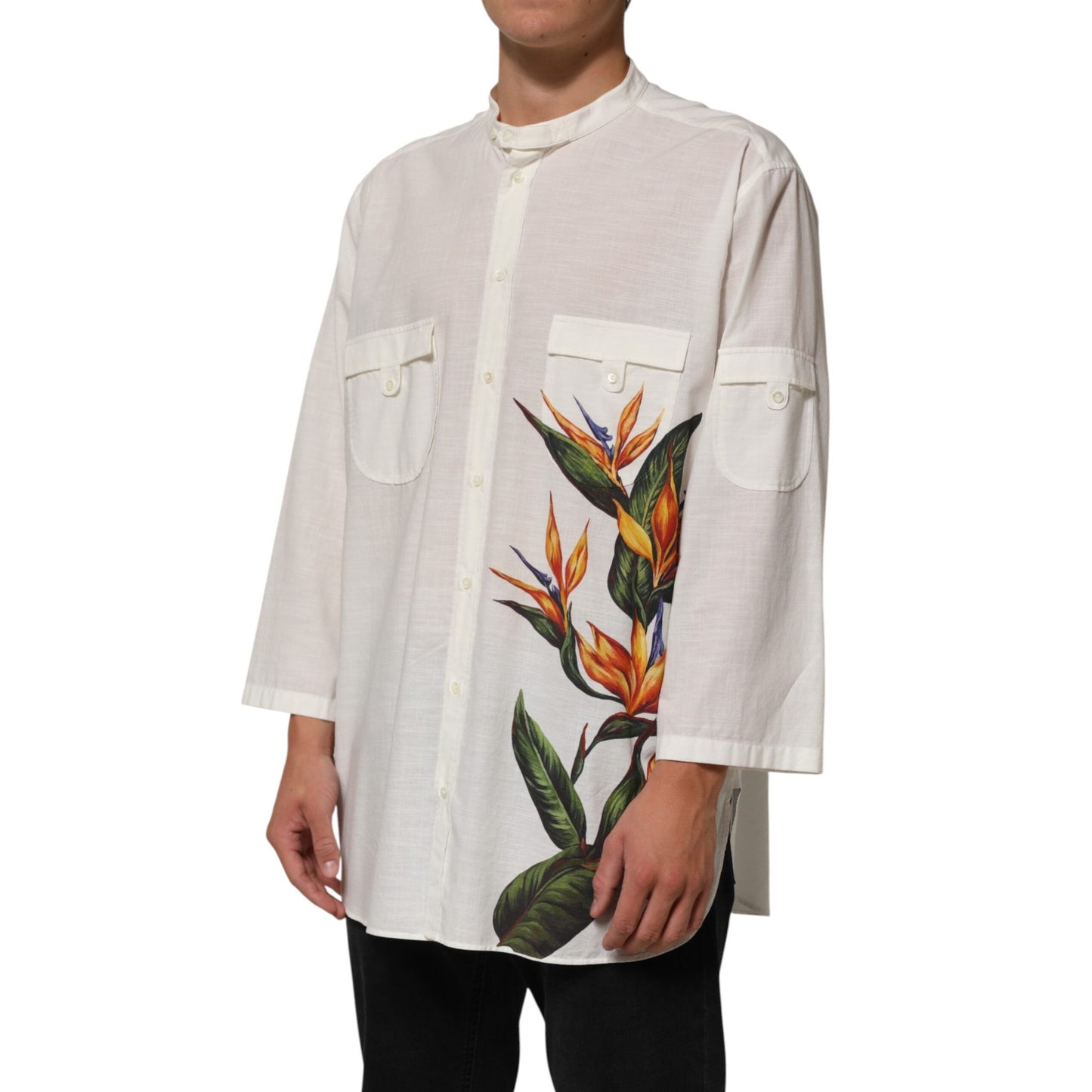Dolce & Gabbana White Cotton Floral Print Button Down Shirt