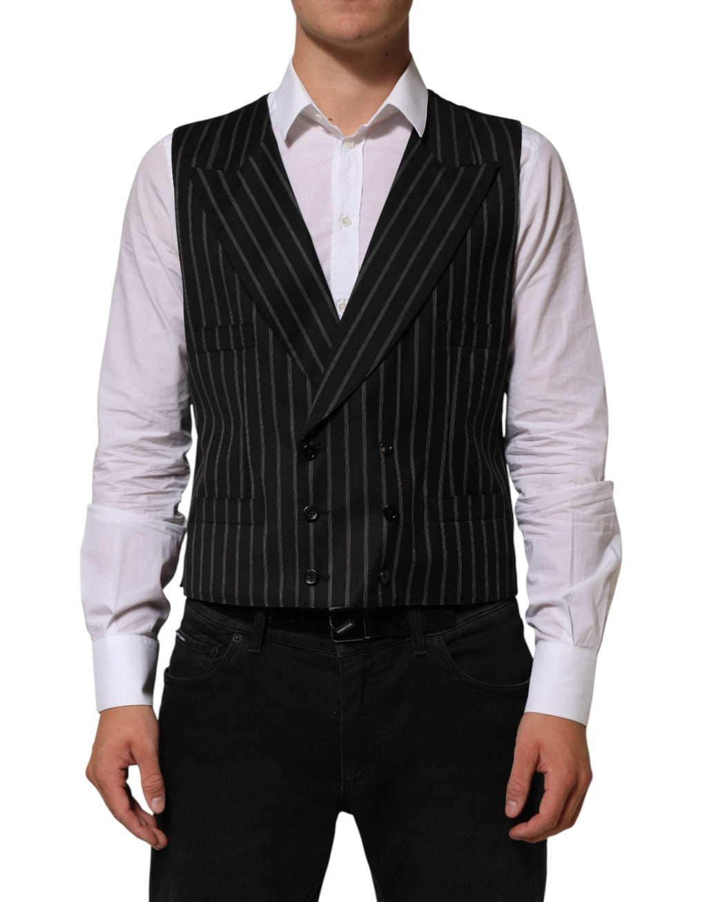 Dolce & Gabbana Black Stripes Wool Dress Men Waistcoat Vest - Eljoys Fashion 