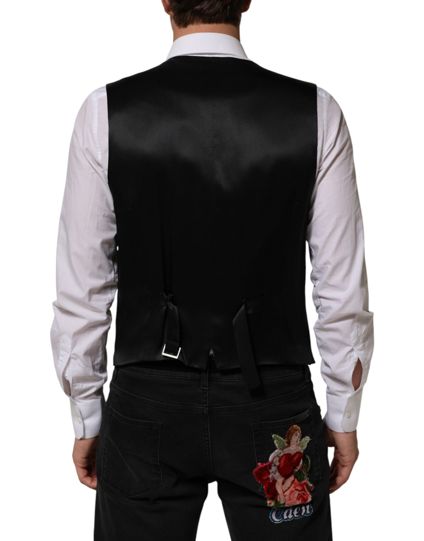 Dolce & Gabbana Black Stripes Wool Dress Men Waistcoat Vest