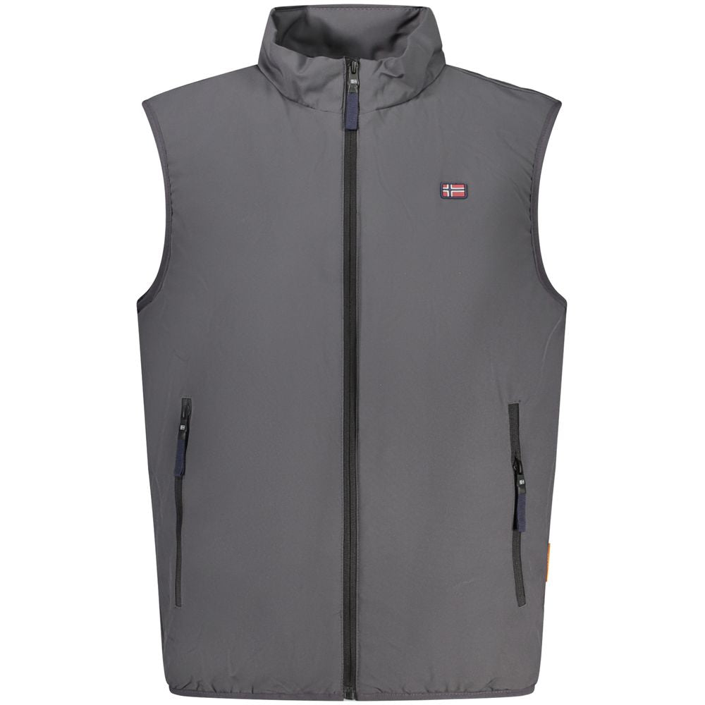 Norway 1963 Grigio polyester men's jacket displayed on a hanger, showcasing its sleek design and lightweight fabric.