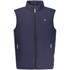 Norway 1963 blue polyester men's jacket with a classic fit and button closure, displayed on a hanger.