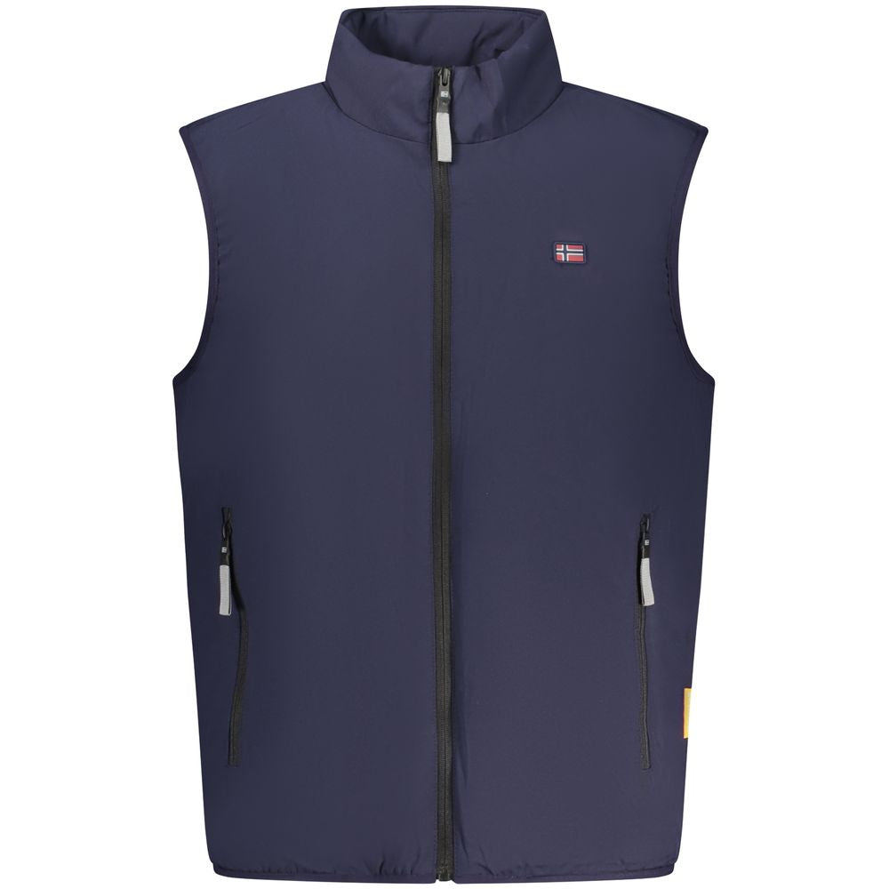 Norway 1963 blue polyester men's jacket with a classic fit and button closure, displayed on a hanger.