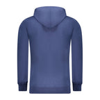 Blue cotton men's hoodie by Rifle featuring a comfortable fit and casual style, shown on a model with front design and drawstring hood.