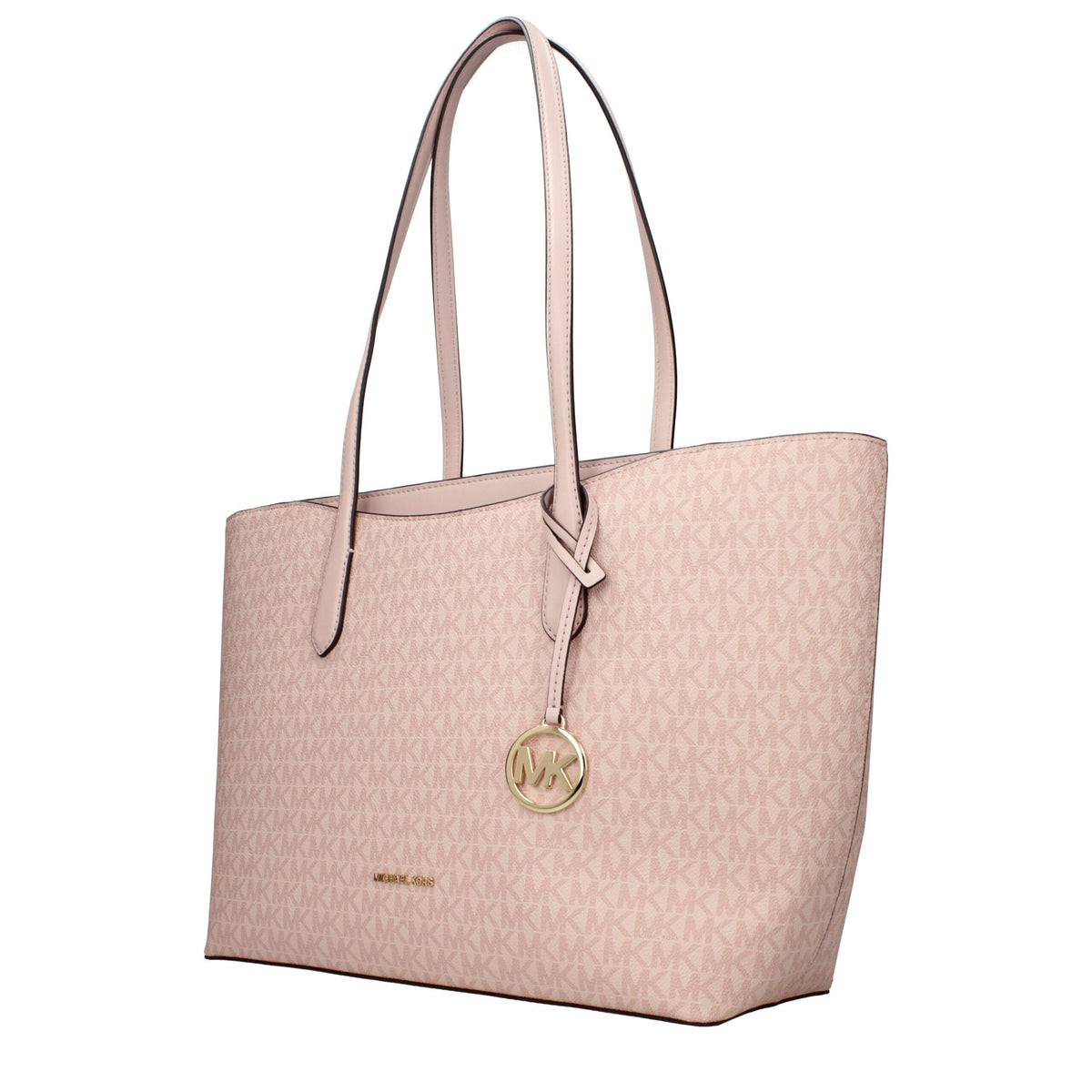 Michael Kors pink fabric shoulder bag with adjustable strap and gold-tone hardware, stylish accessory for everyday use.