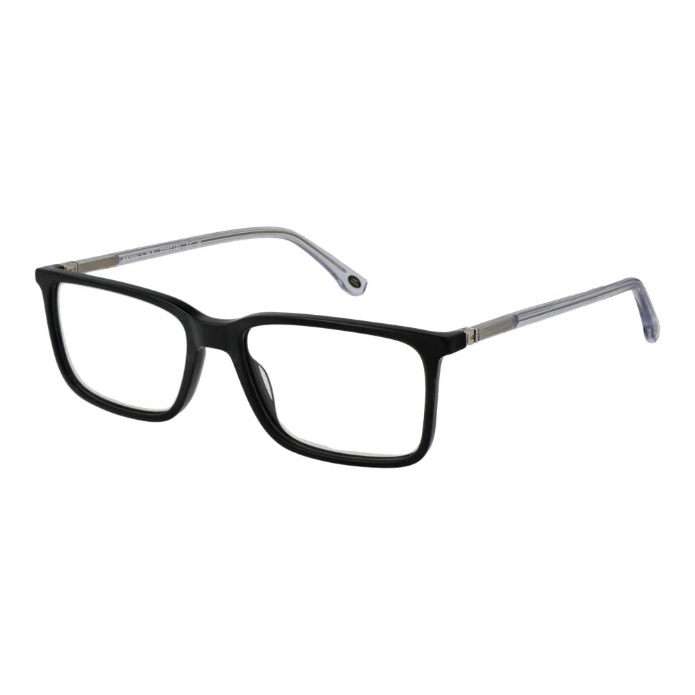 Land Rover black acetate glasses frames displaying a sleek, modern design with clear lenses and subtle branding.