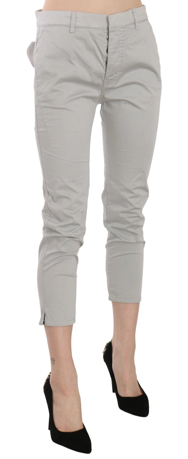 Jucca Cotton Gray High Waist Skinny Cropped Trousers Pants - Eljoys Fashion 