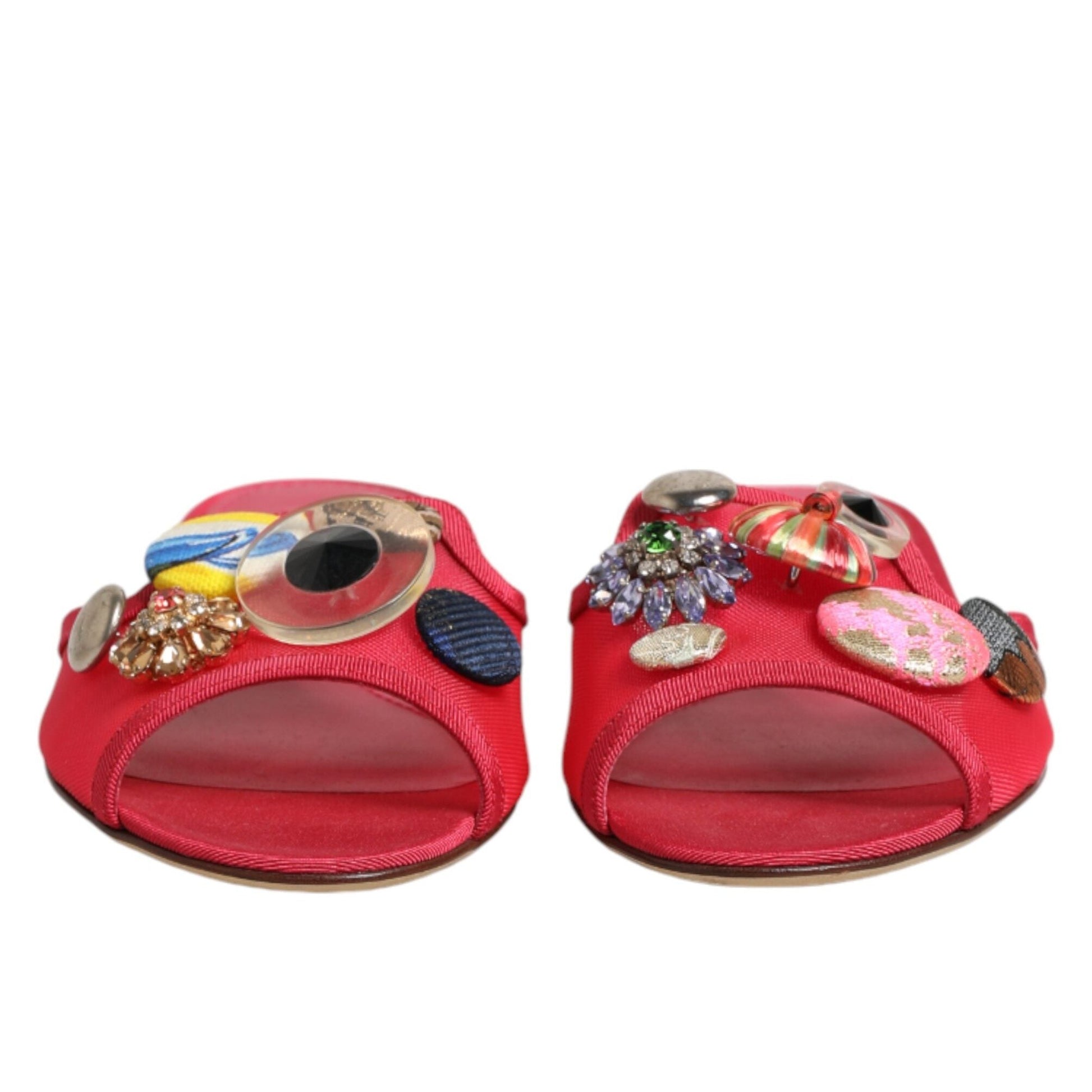 Dolce & Gabbana Red Embellished Flats Slip On Sandals Shoes