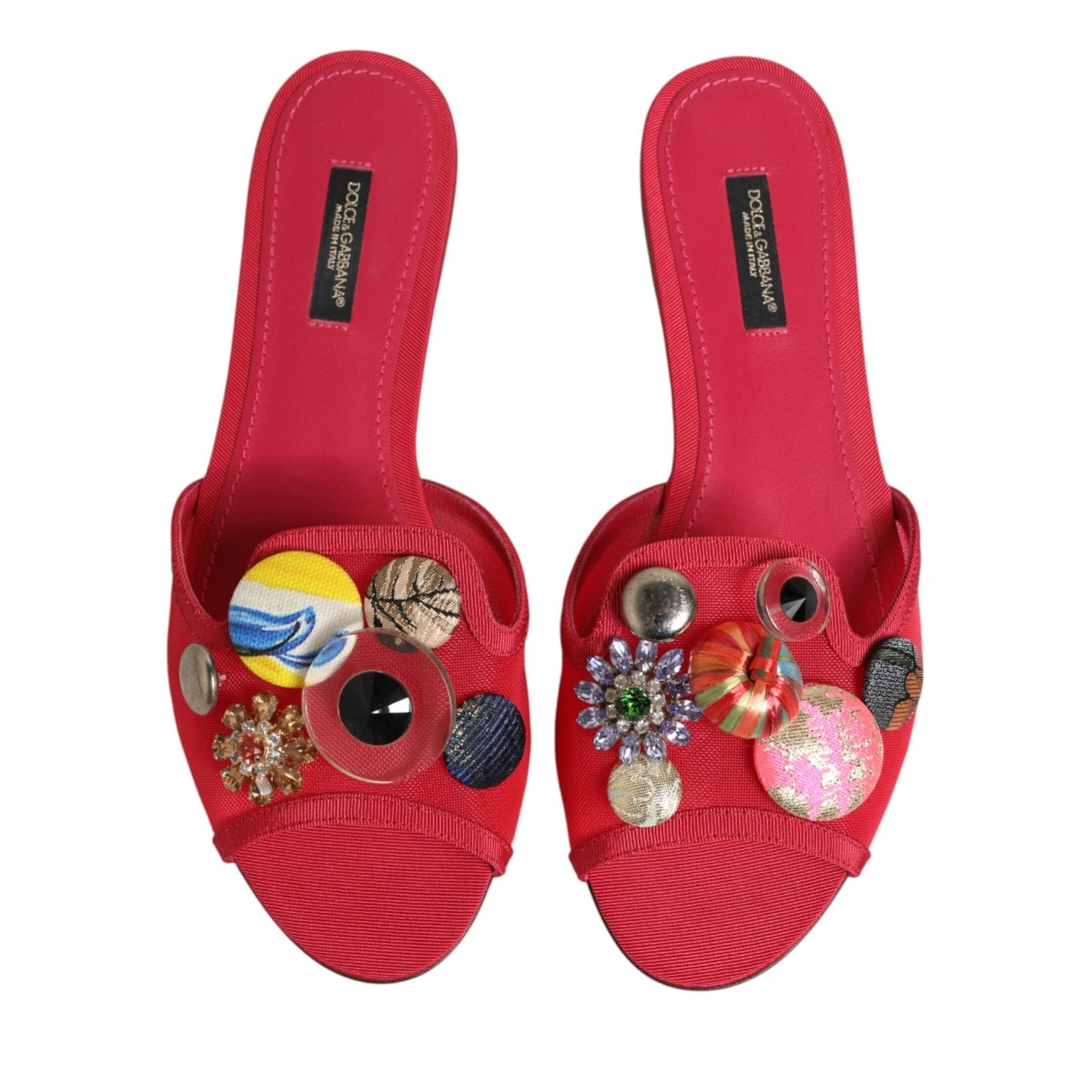 Dolce & Gabbana Red Embellished Flats Slip On Sandals Shoes