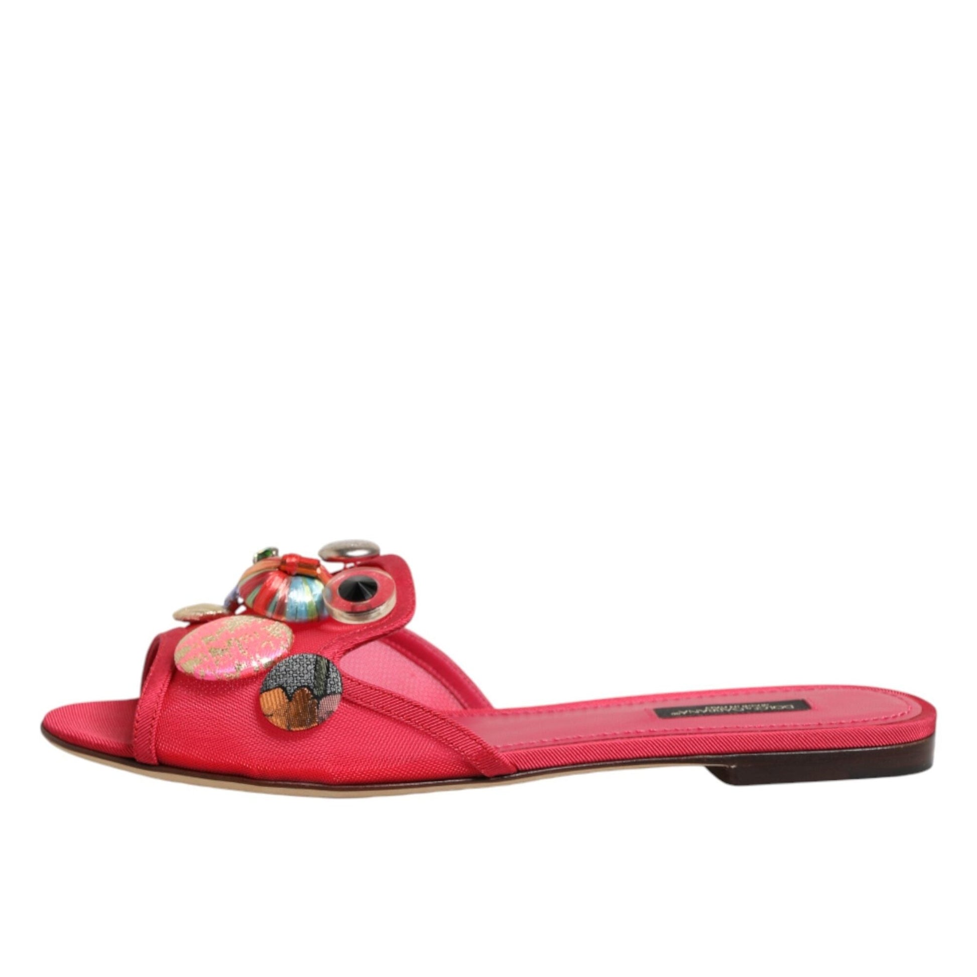 Dolce & Gabbana Red Embellished Flats Slip On Sandals Shoes